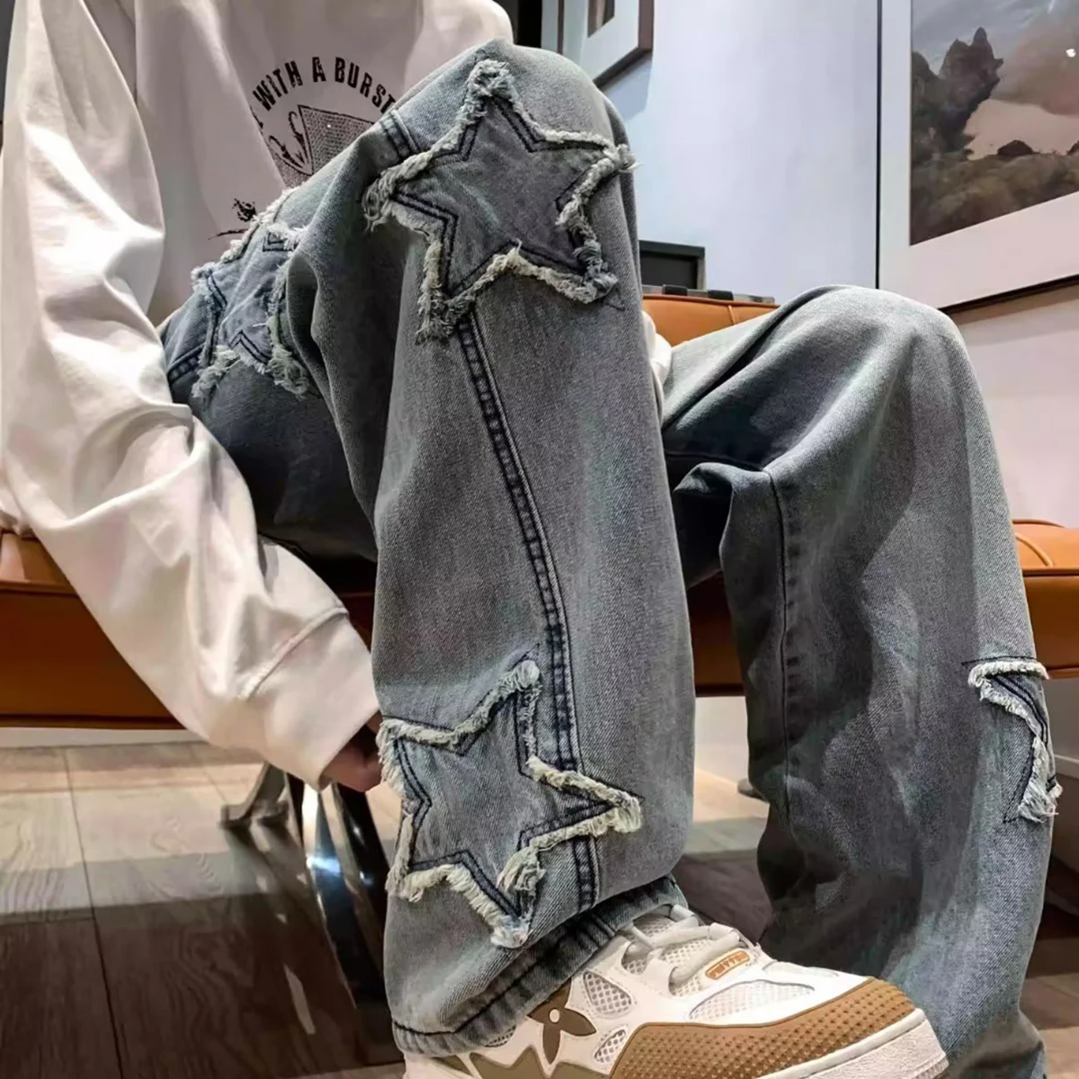 

American-style jeans for men, star-patterned wide-leg pants, slightly flared, loose-fitting, high-street straight pants
