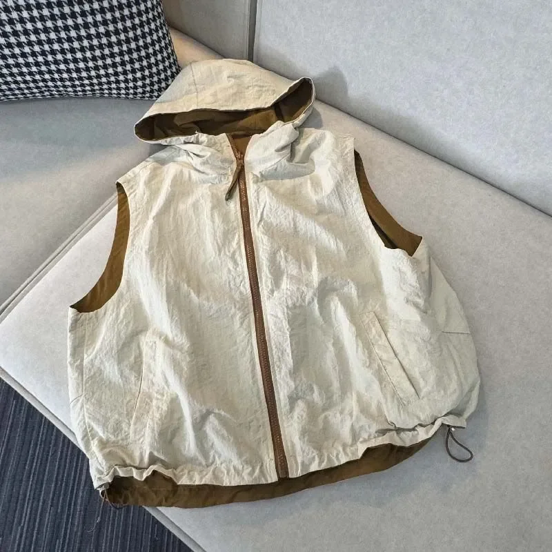 Womens Reversible Double Sided Hooded Zip Up Sleeveless Vest Jacket Spring Summer Casual Color Block Outerwear for Daily Wear