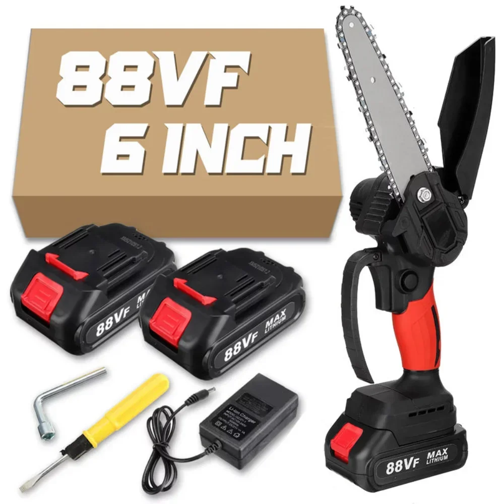 6 Inch Mini Electric Chain Saw with 2xBattery Brushless Indicator 88VF Rechargeable Woodworking Power Tool for Makita Battery