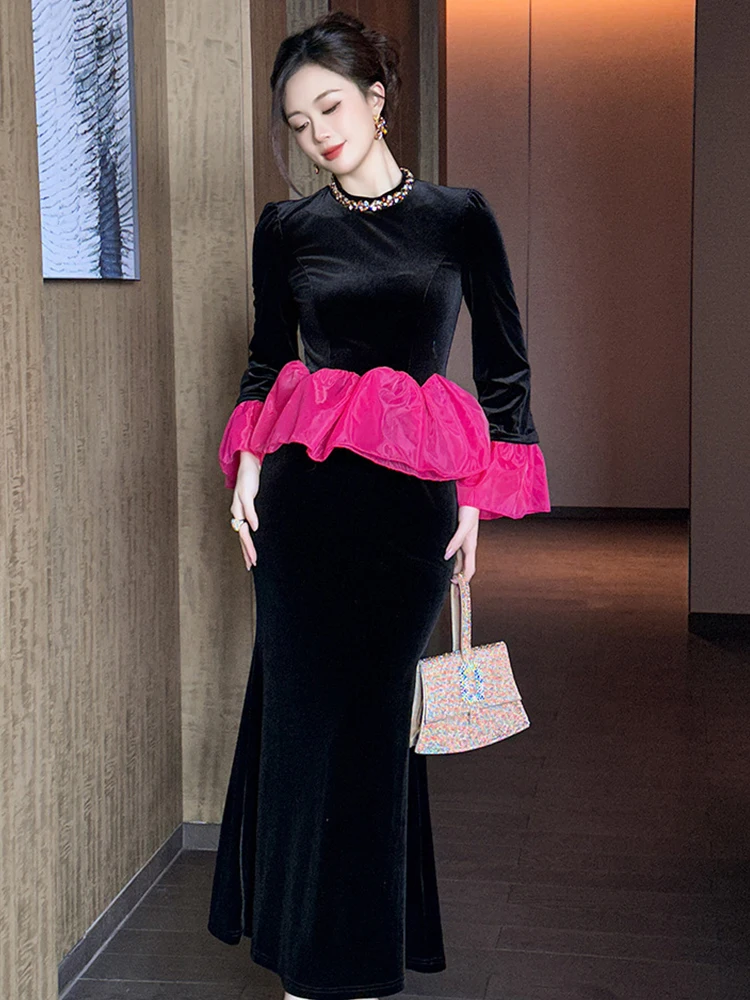 ชุดเดรสยาวสีดำ คอทรงโอ แต่งระบาย ทรงเข้ารูป สไตล์หรูหรา สำหรับผู้หญิง แฟชั่นงานปาร์ตี้ งานพรอม ชุดราตรี ชุดออกงาน  แบบใหม่