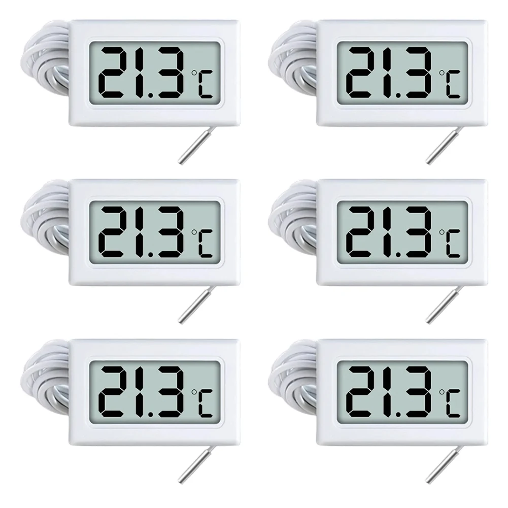 เทอร์โมมิเตอร์ดิจิตอล 6 ชิ้นพร้อมเซ็นเซอร์ภายนอกสำหรับตู้แช่แข็งตู้แช่แข็งตู้เก็บไวน์ในร่มกลางแจ้ง-50 ถึง 110 ° ซี