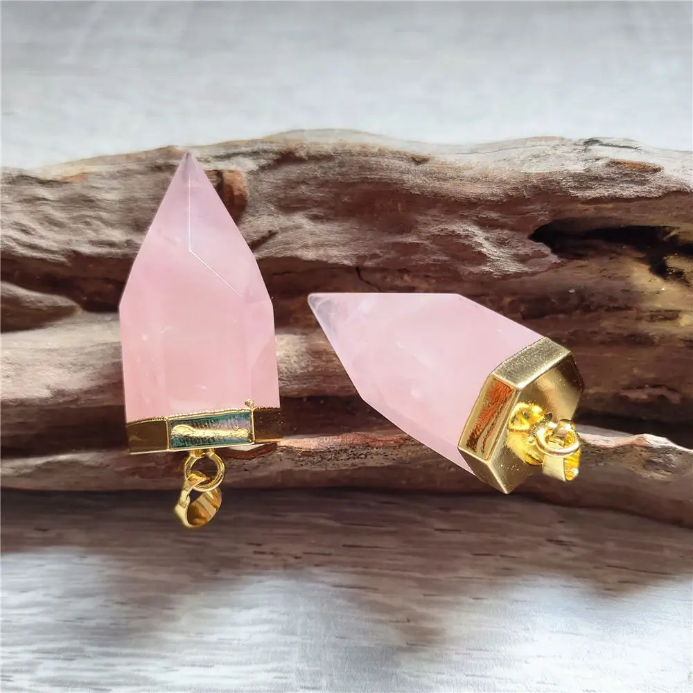 

FUWO Natural Rose Quartzs Point Pendant,Gold Color Plated Thick Spike Semi Precious Stone Accessories For Necklace Making PD325