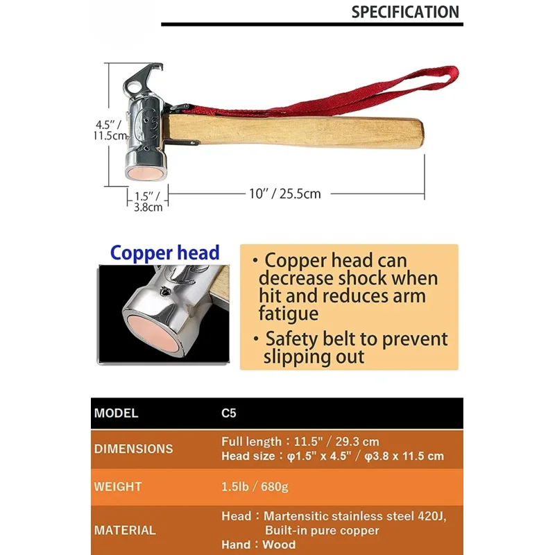 

1PCs outdoor multi-purpose stainless steel copper head nail puller camping hammer fixed tent nail with safety rope