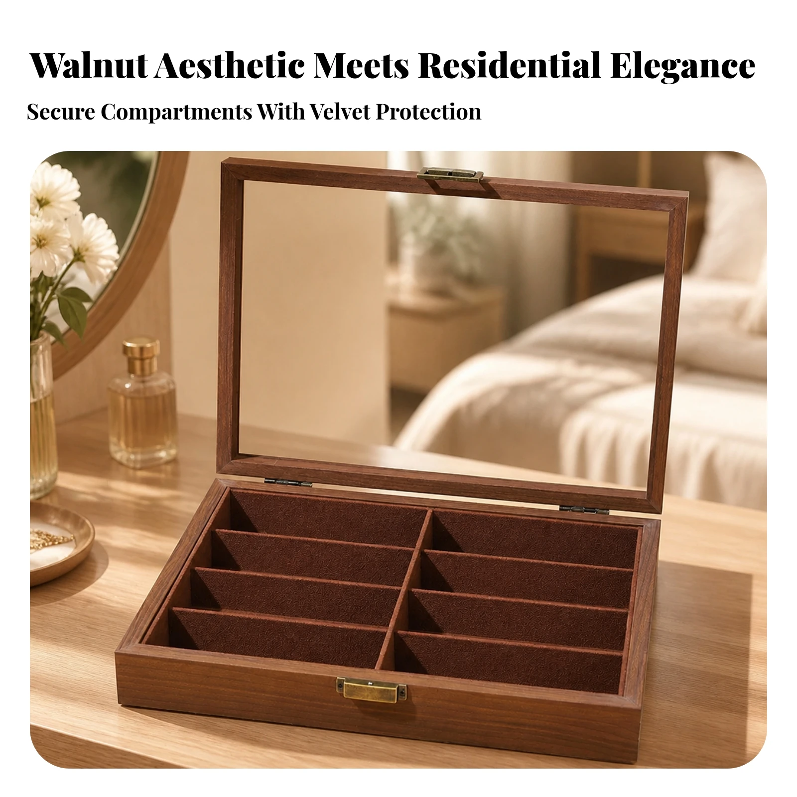 Eyewear Display Case Elegant Divided Eyeglass Organizer with Padded Compartments Sunglasses Organizer with Glass Lid for Dresser