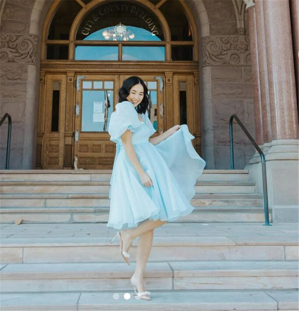 Eeqasn Simple Light Blue Midi Prom Dresses Short Sleeve Organza Knee Length Prom Gowns Square Collar Simple Wedding Party Dress