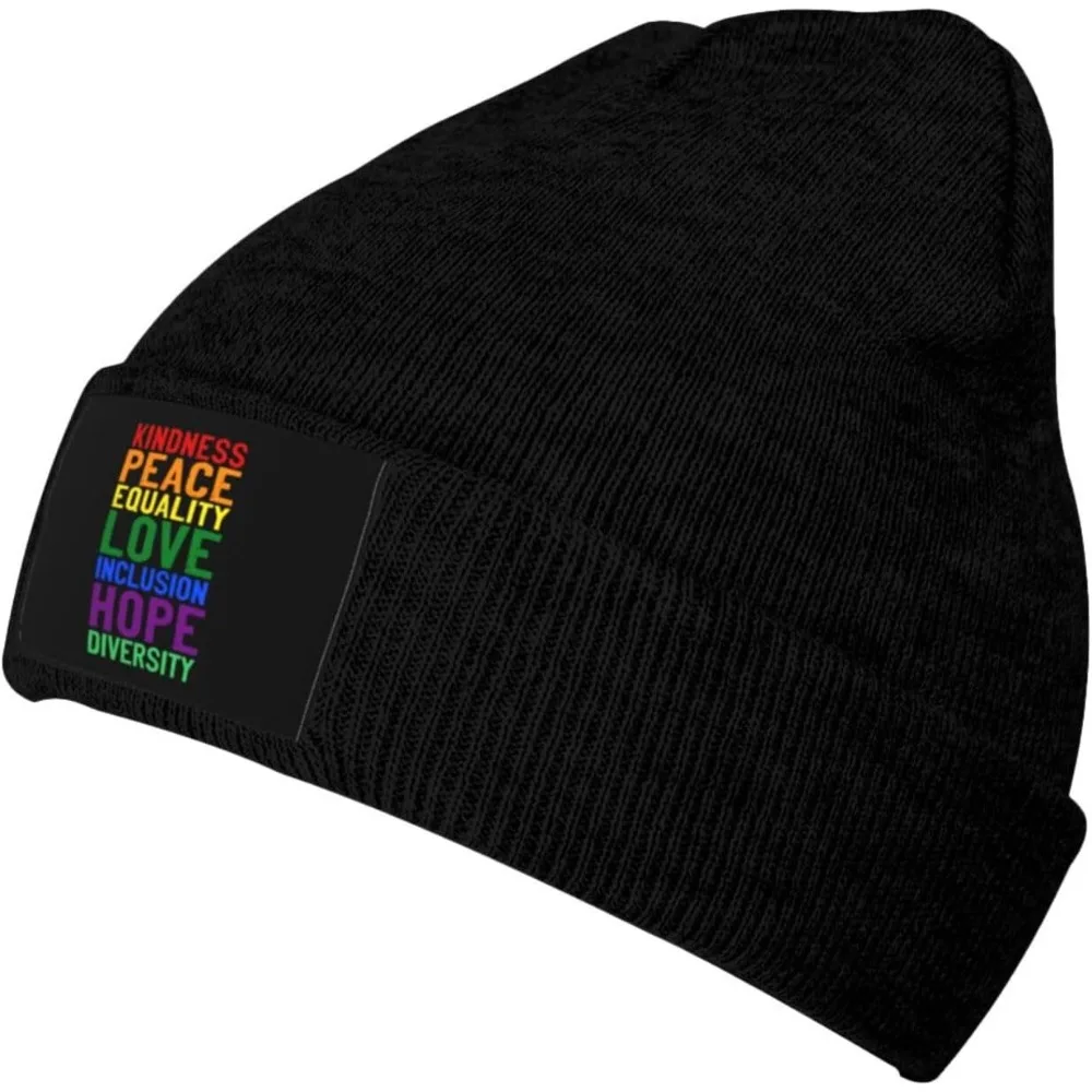 Kindness Peace Equality Love Inclusion Hope Diversity Beanie Hat Women Skull Cap Men Slouchy Hat Knitted Hat Black