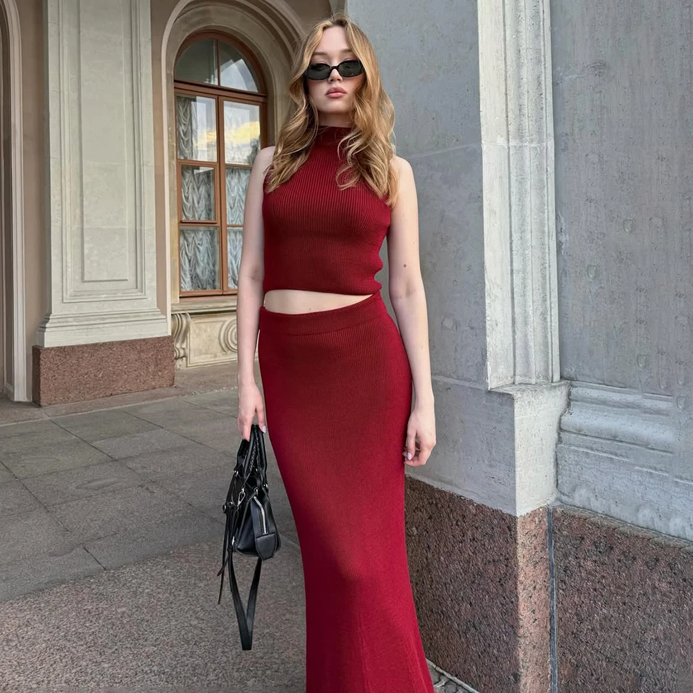 

Tuularose Spring Long Skirt Two Piece Women's Elegant Knit Sleeveless Vest Top Slim Long Skirt Set Casual Female Long Skirt Set