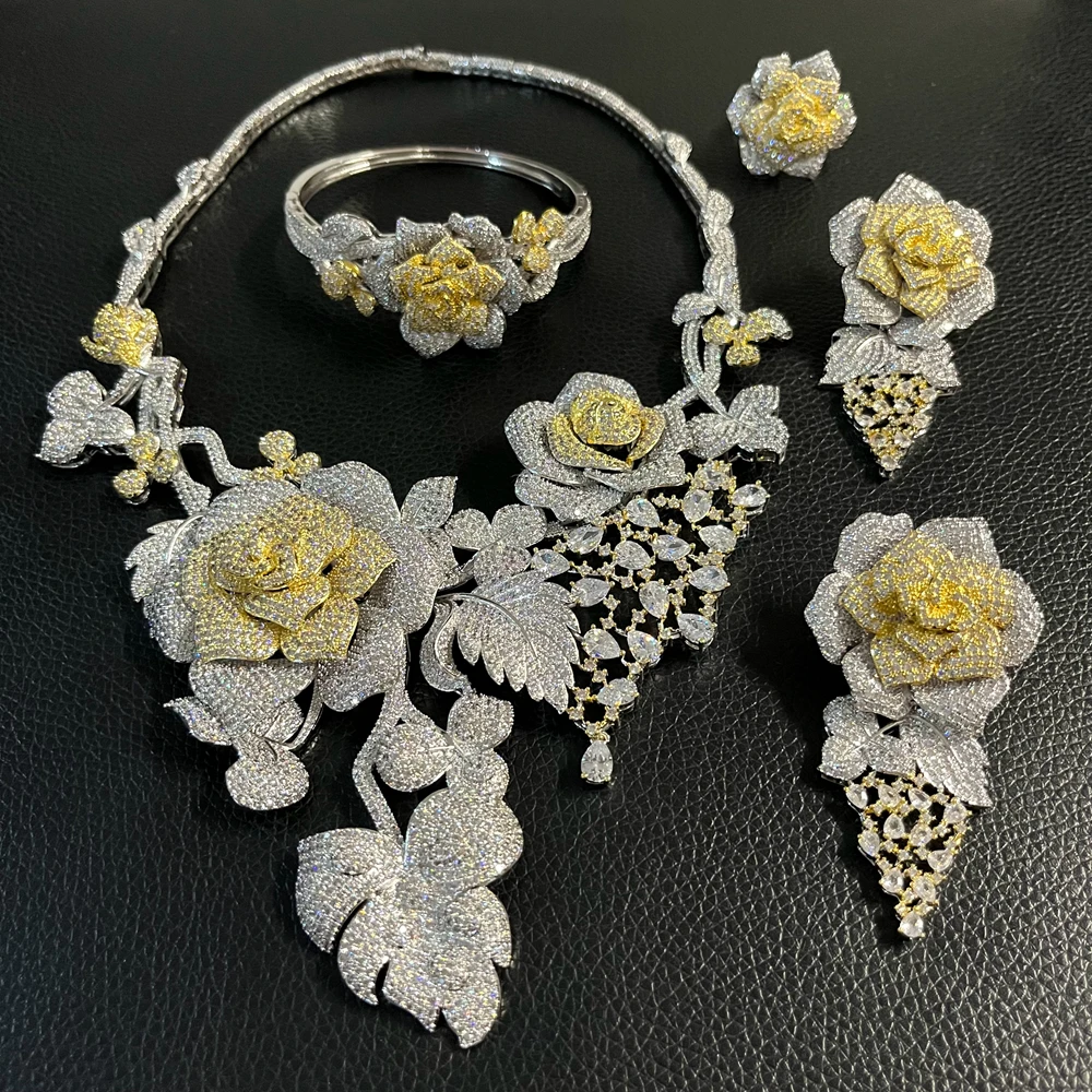 Luxury Yellow Rose CZ Jewelry Set Sparkly Two-Tone Cubic Zirconia Bridal Statement Necklace Earrings Ring Bracelet Set