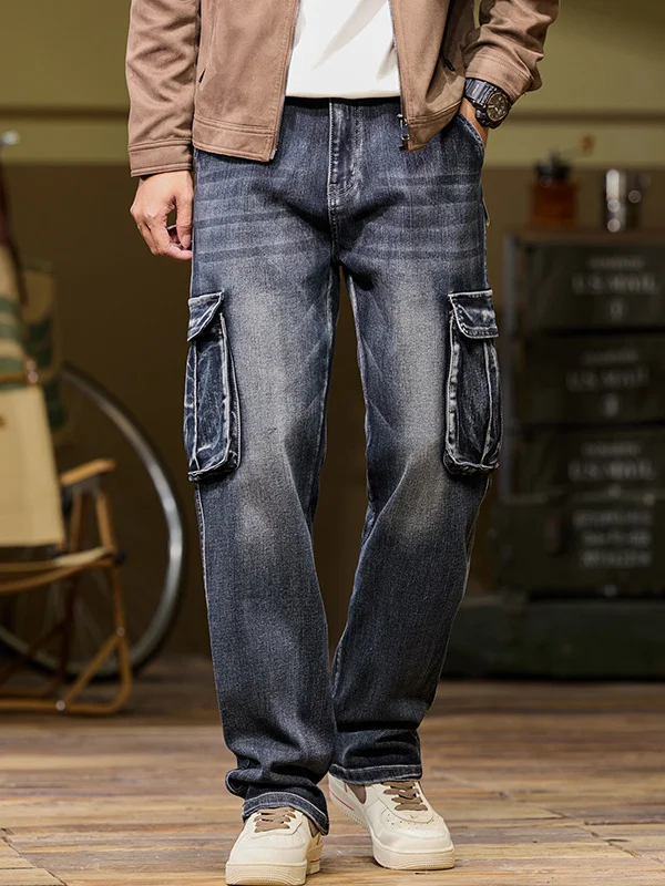 

American Sle Loose Wide Leg Men's Jeans Multiple kets Spring Autumn Workwear Trendy Brand Casual Loose Straight Leg