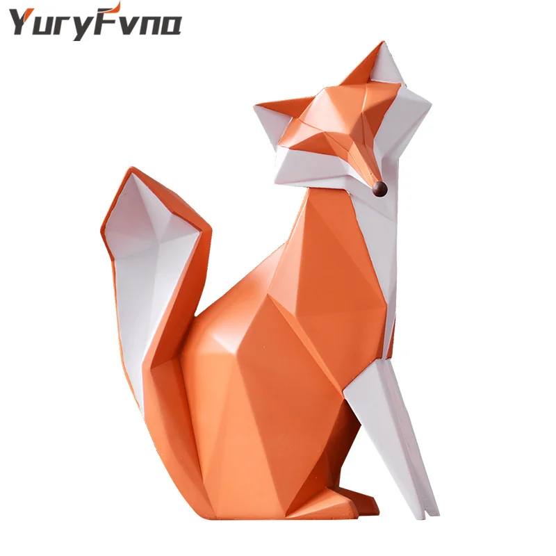 YuryFvna Orange Fox Statue Abstract Geometric Collectible Figurine Animal Home Office Decoration Gift Crafts