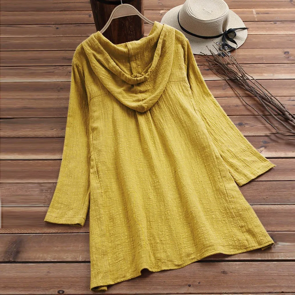 Women Blouses Vintage Linen Button Loose Shirts Summer Long Sleeve Casual Hooded Tops And Blouses Plus Size Shirts Tunic M-5XL