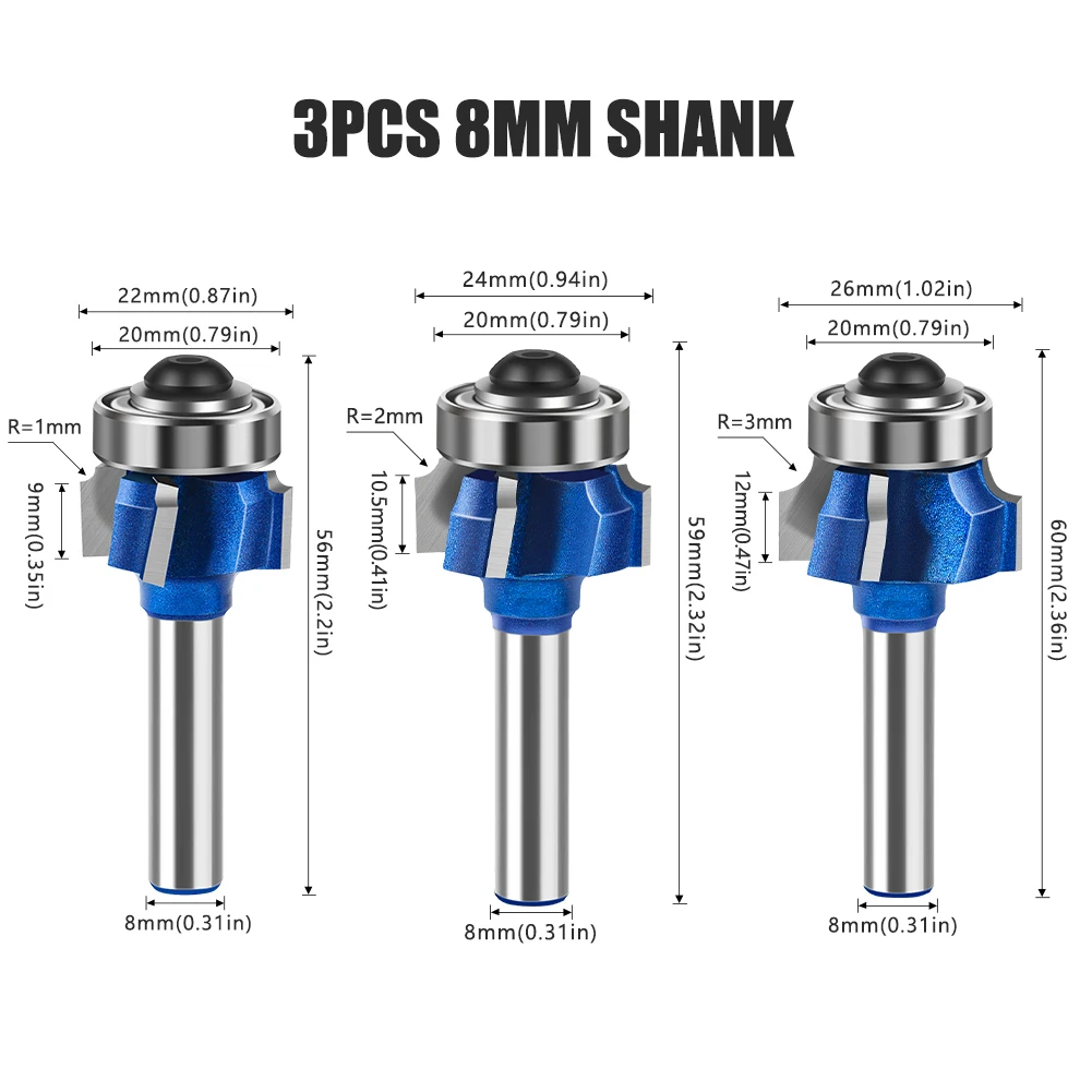 8mm 6mm 1/4inch Shank High Quality 4 flutes Router Bit Set Woodworking Milling Cutter R1 R2 R3 Trimming Knife Edge