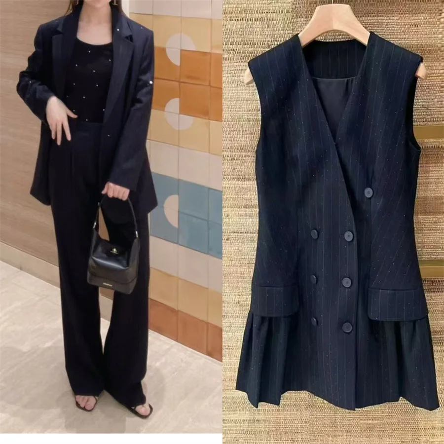 

Fashionable 2025 Autumn Winter Striped Diamond West Suit Long Pants V Neck Double Button Dress Set Women's Long Sleeve Midi D...
