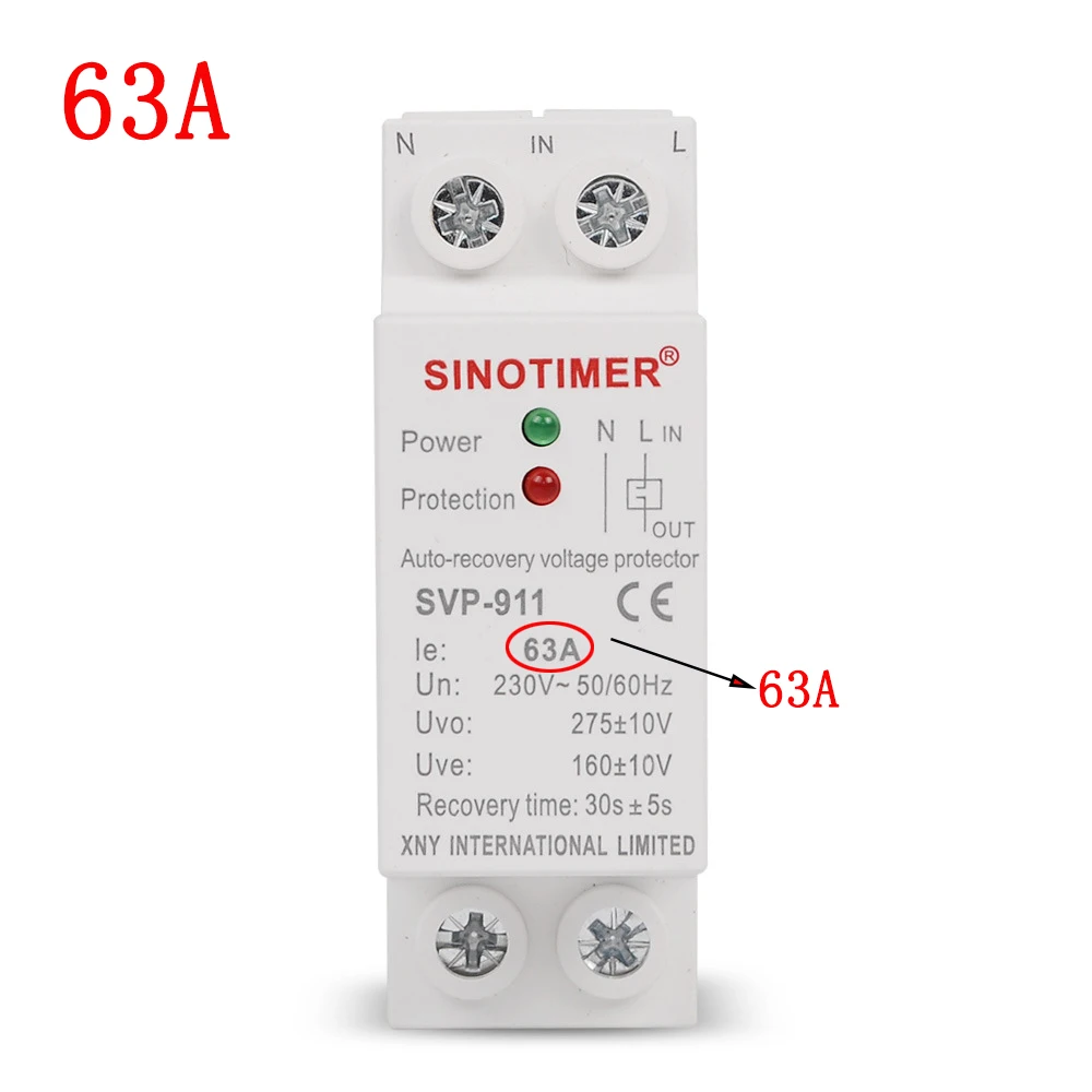 Over Under Voltage Relay AC230V 63A Mini Din Rail Automatic Recovery Reconnect Protective Breaker Voltage Protector Device