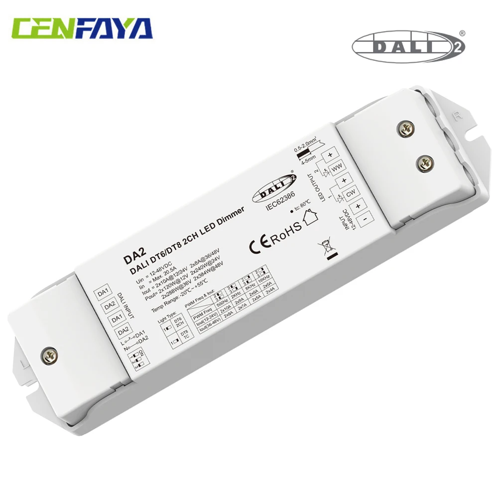 CENFAYA DALI Dimmer 2CH 10A LED Controller DALI-2 certied 2/1 DALI address DT6 PMW dimming DT8-TC color temperature Push Switch