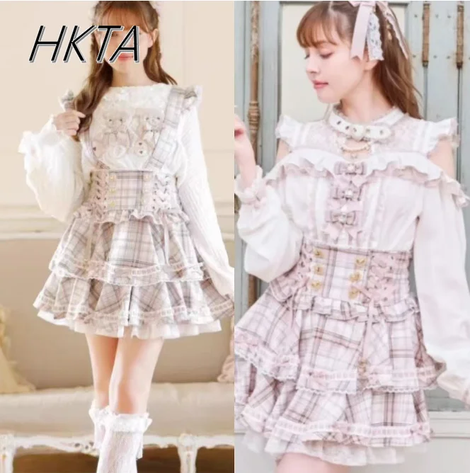 

Japanese Mine Tie Sweet Bow Long Sleeve Chiffon Shirt Liz High Waist Elastic Slim Pleated Plaid Skirt Sets Short Skirts Women