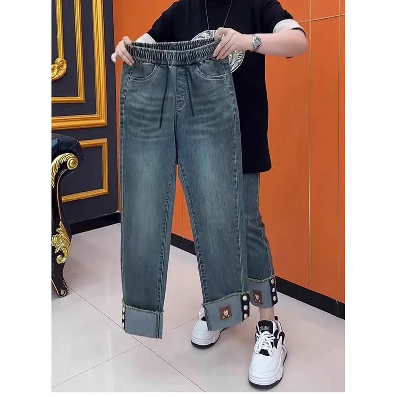 Plus Size Jeans Women's Short 2026 Spring Summer Elastic Waist Female High-waisted Skinny Cowboy Ladies Straight Pants