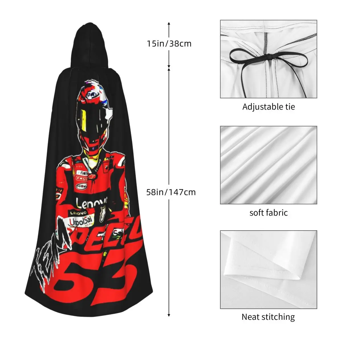 Pecco Bagnaia 63 عباءة طويلة بغطاء للرأس للساحرة في القرون الوسطى زي تنكري معطف الهالوين للبالغين للجنسين