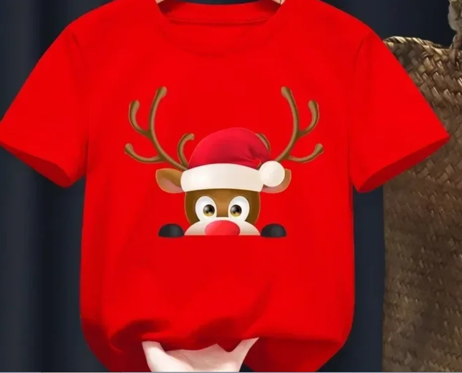 Summer New Deer Merry Christmas Red Kid T-shirts Cotton Children Baby Red Harajuku Clothes Boy Girl Tops Gift