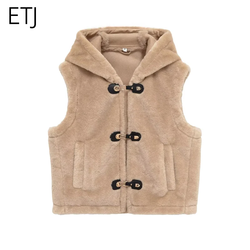 

ETJ 2025 женская осенне-зимняя новая модная повседневная куртка без рукавов с искусственным мехом и короткими волосами, жилет с капюшоном, пальто