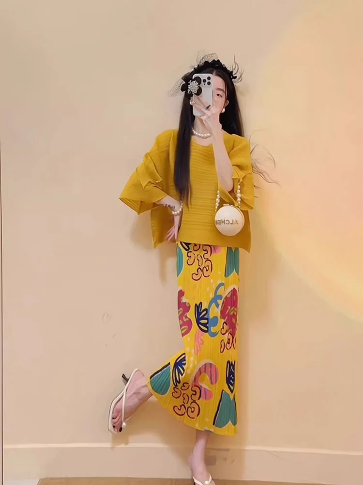 Jupe d'été en soie glacée pour femmes, demi-jupe plissée avec graffitis de dessin animé, Style fin, vacances, une pièce, fleur de plage, SK051