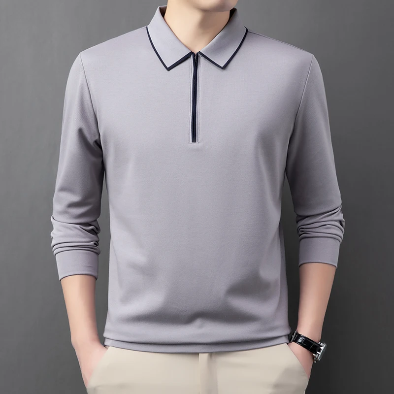 soft cotton long sleeve men\'s polo shirt autumn new fashion light luxury half zipper Korean version high-end golf design T-shirt