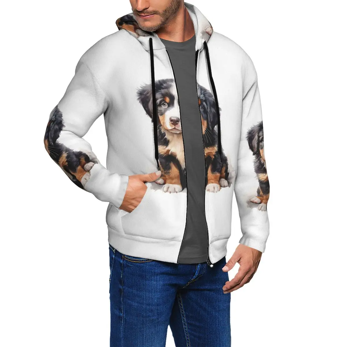 Bernese Mountain Dog Animal Zipper Hoodies Hip Hop Pullover Autumn Winter Men Women Sweatshirts Long Sleeve Tops