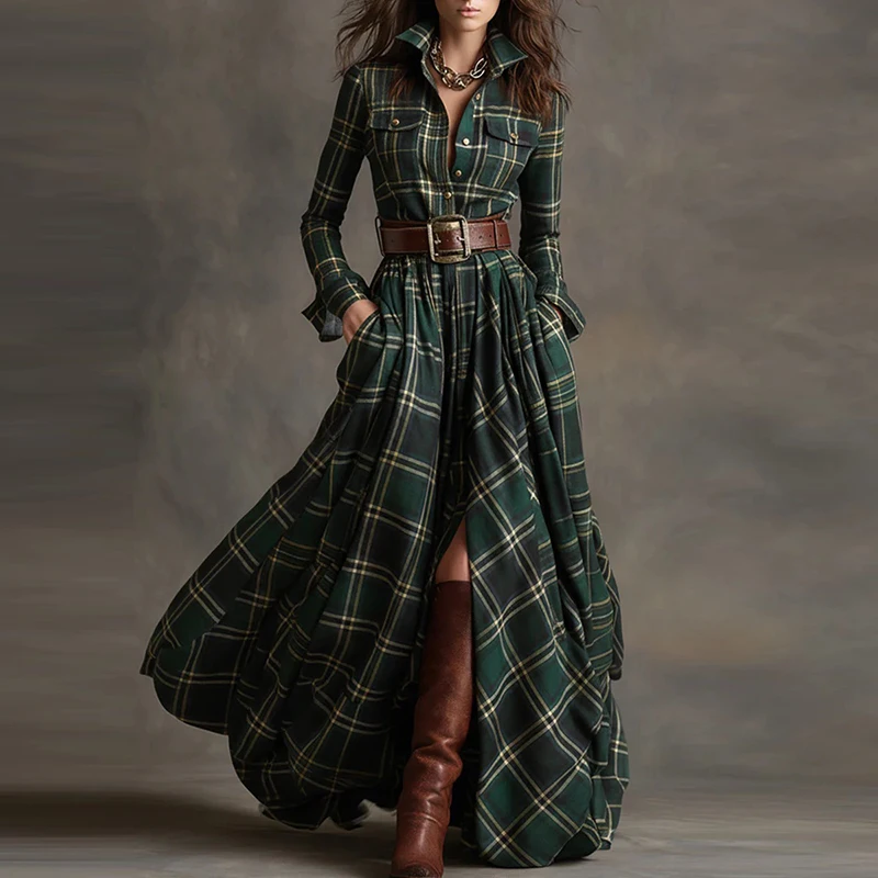 Boho Donna Abbigliamento Elegante Colletto della camicia Bottoni Abiti lunghi larghi Retro Nuovo plaid Stampa Tasca Altalena Autunno Maxi Dress Vestidos