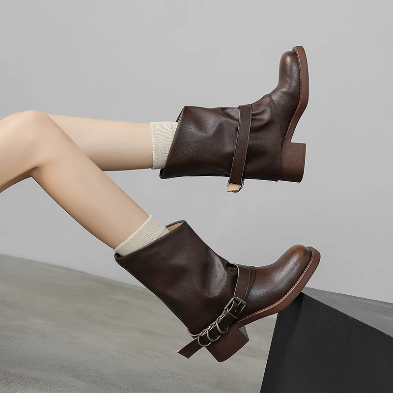 2026 new autumn winter natural leather women ankle boots 22-25cm brush color split leather belt buckle thick heel pants boots