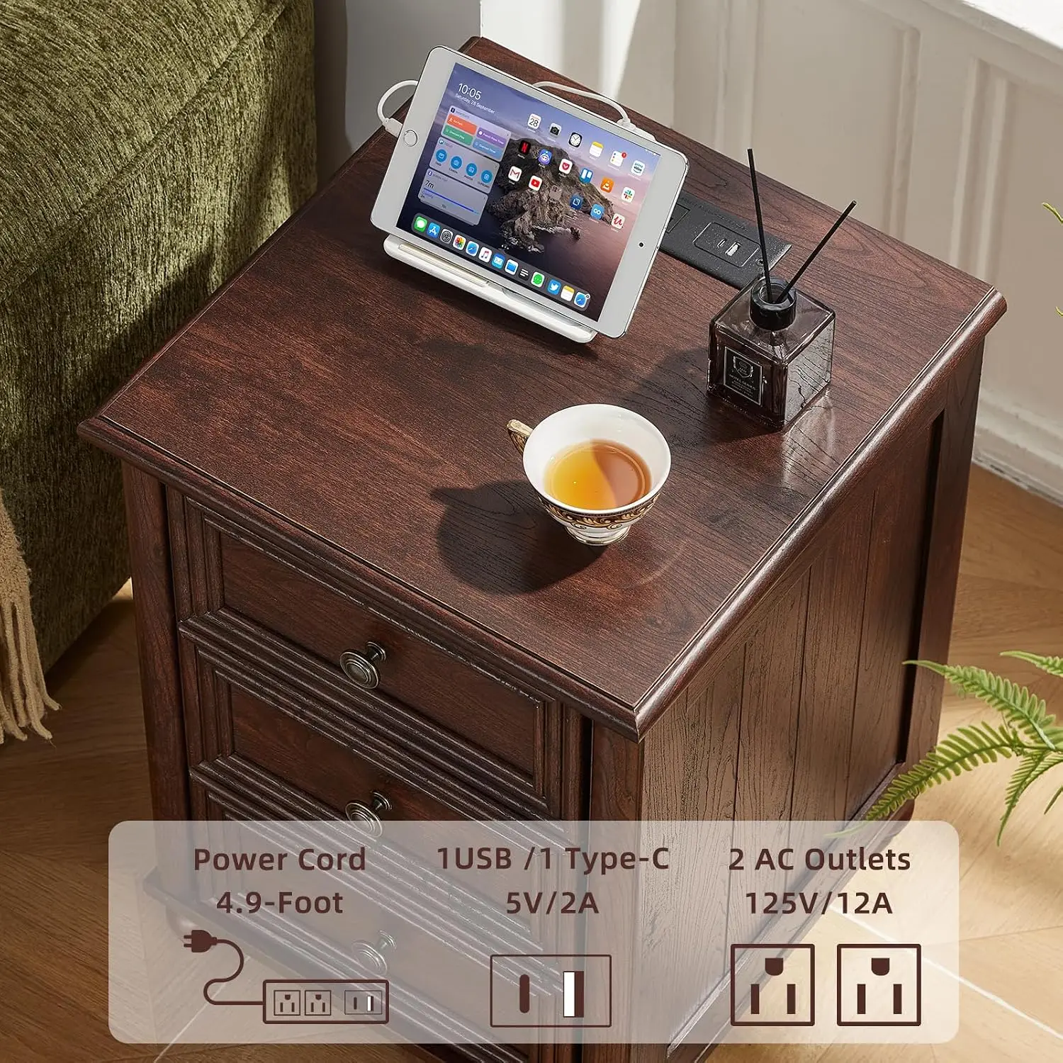 Nightstand with 3 Drawers & USB Charger Station, Bedroom Bedside End Table 18
