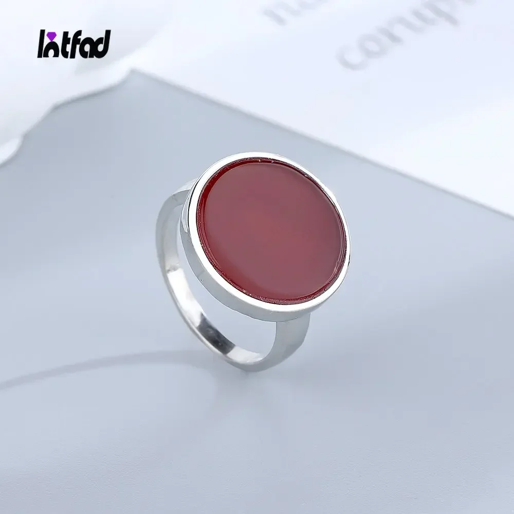 Pierścionek INTFAD ze srebra próby 925 z okrągłym naturalnym kamieniem, prosty, minimalistyczny design, idealny na prezent, elegancka biżuteria dla kobiet i mężczyzn.