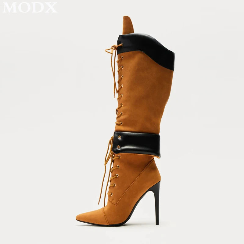 Pointed Toe Thin Heel Cross Strap Mid Calf Boots Big Size Fashion Patchwork Vintage Knee High Boots Sexy Stiletto Runway Shoes