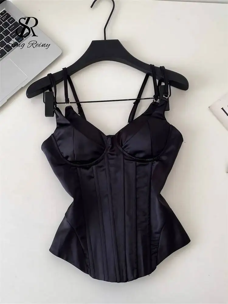 Satin OL Corset Top Summer Backless Lace Up V Neck Bodycon American Fashion Camis Splice Feminine Sexy Senior Tank Top