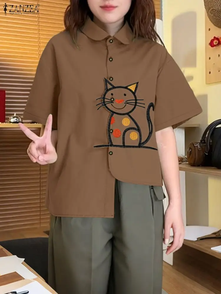 2025 Summer Shirts ZANZEA Women Embroidered Blouse Vintage Short Sleeve Buttons Blusas Irregular Hem Shirt Lapel Neck Tunic Tops