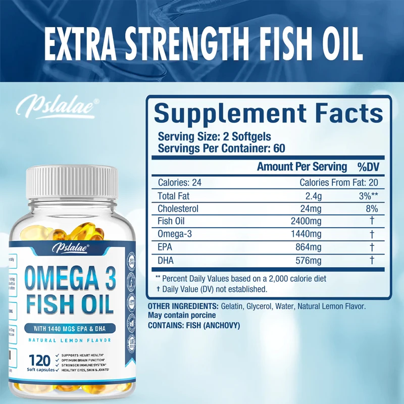 Omega 3 Fish Oil Capsules Benefit Nervous System, Skin and Hair Health, Antioxidants, Easy To Swallow