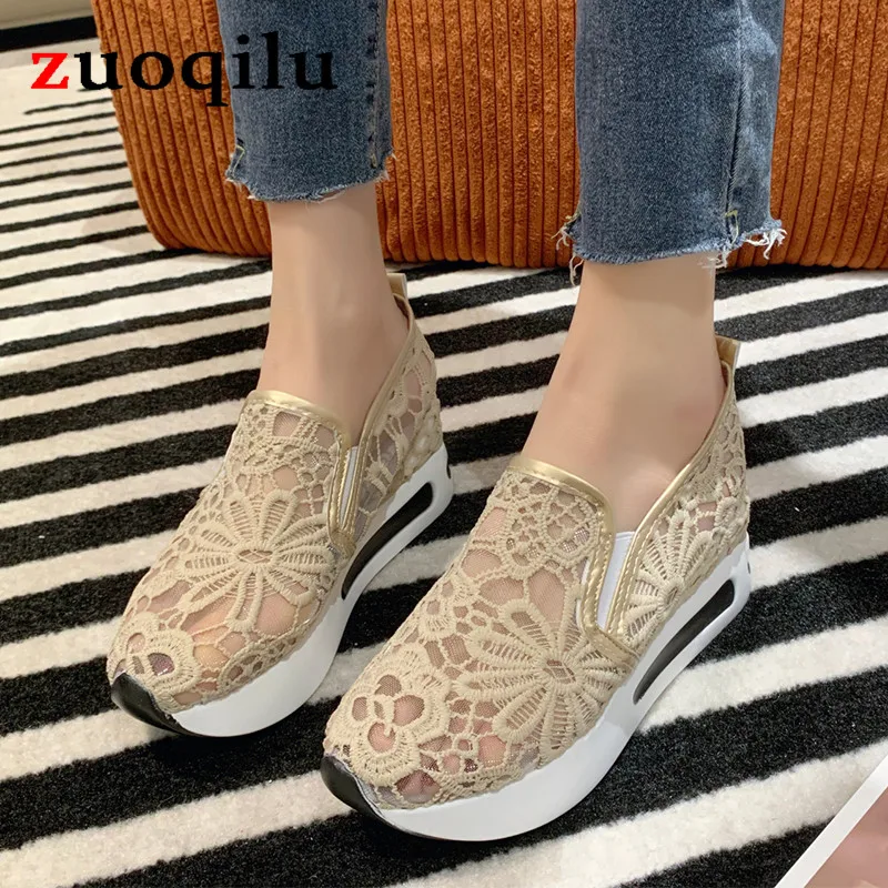 Lace Women Shoes casual Summer Wedges Shoes for Women Black White Breathable Lace Flower Sneakers Women Loafers Zapatos De Mujer