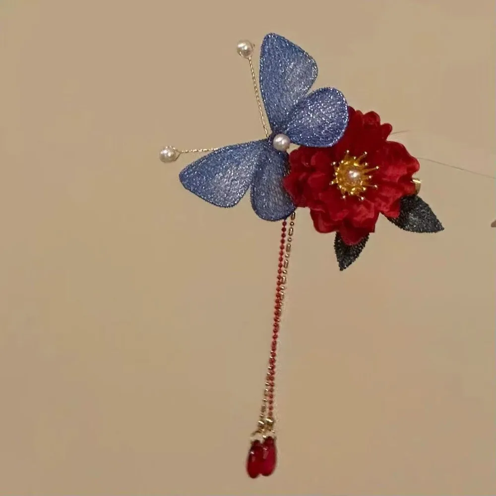 

Tassel Red Flower Hair Clip Pearl Retro Wooden Hair Stick New Chinese Style Antique Bridal Hair Accessories Hair Chopstick