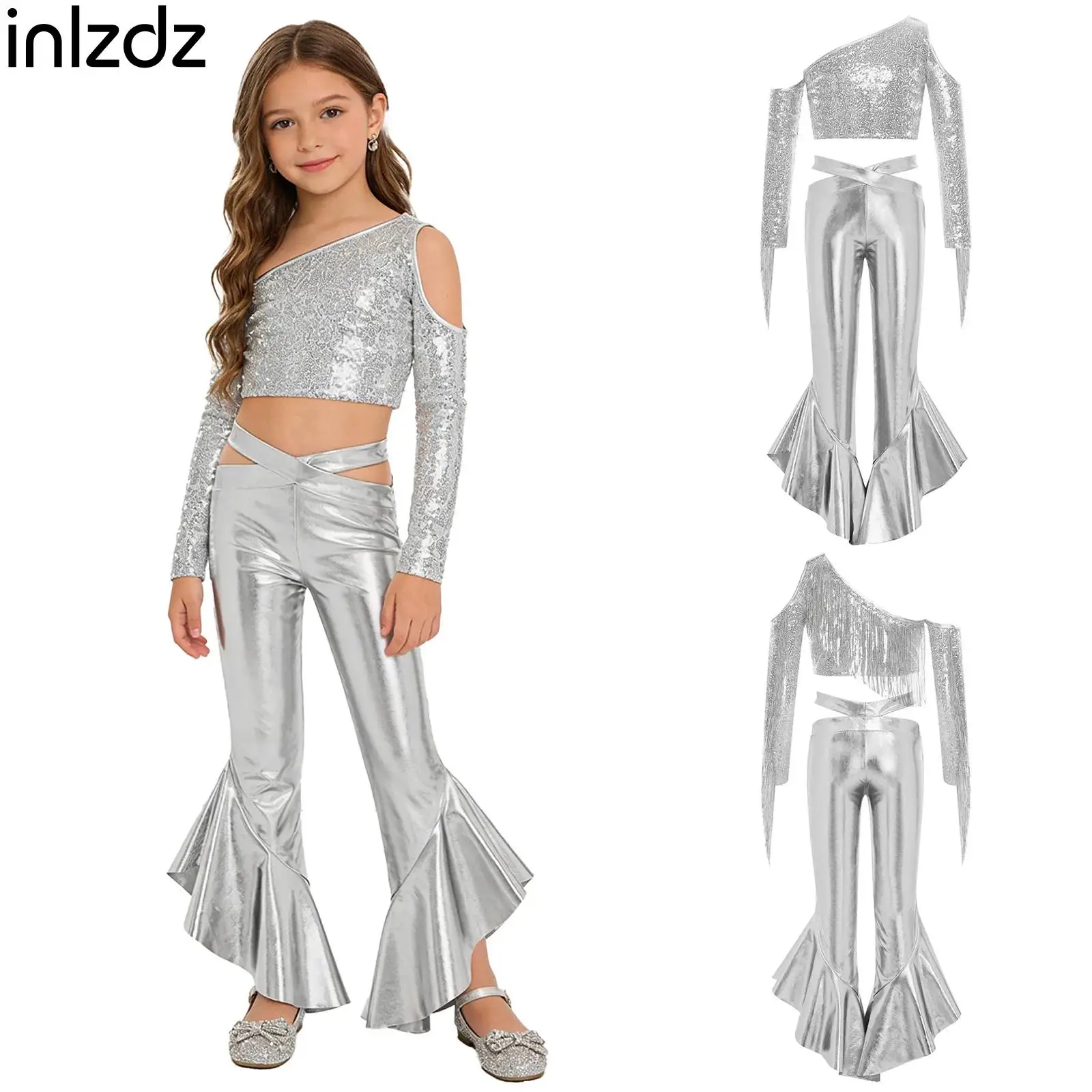 

Kids Girls Cheerleader Outfit One Shoulder Long Sleeve Tassel Sequined Crop Top and Metallic Trousers Street Jazz Dance Clothing