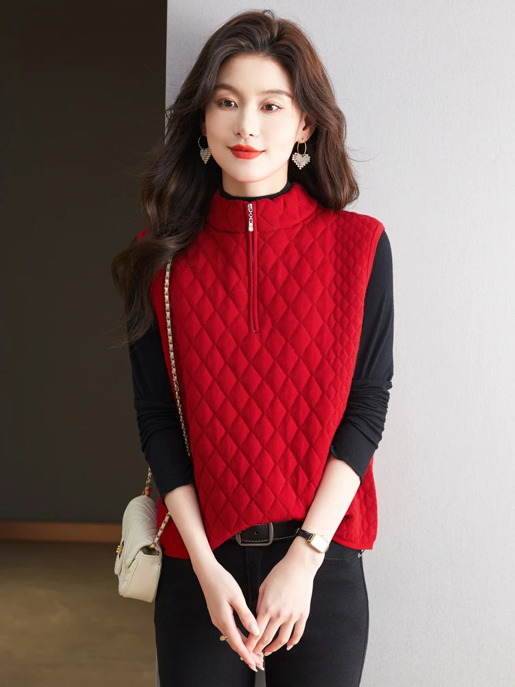 

Красный вязаный жилет с воротником на молнии, новинка 2025 года, верхняя одежда, свитер-жакет для невысоких, весна-осень, для повседневной носки, модный