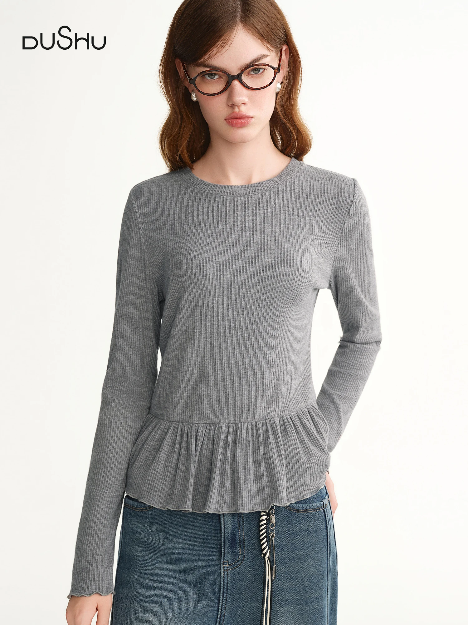 

DUSHU 2025 Winter Plus Size Ruffle Trim Round Neck Knit Top Women's Slimming Baselayer Turtleneck Casual Blouse Casual Looks