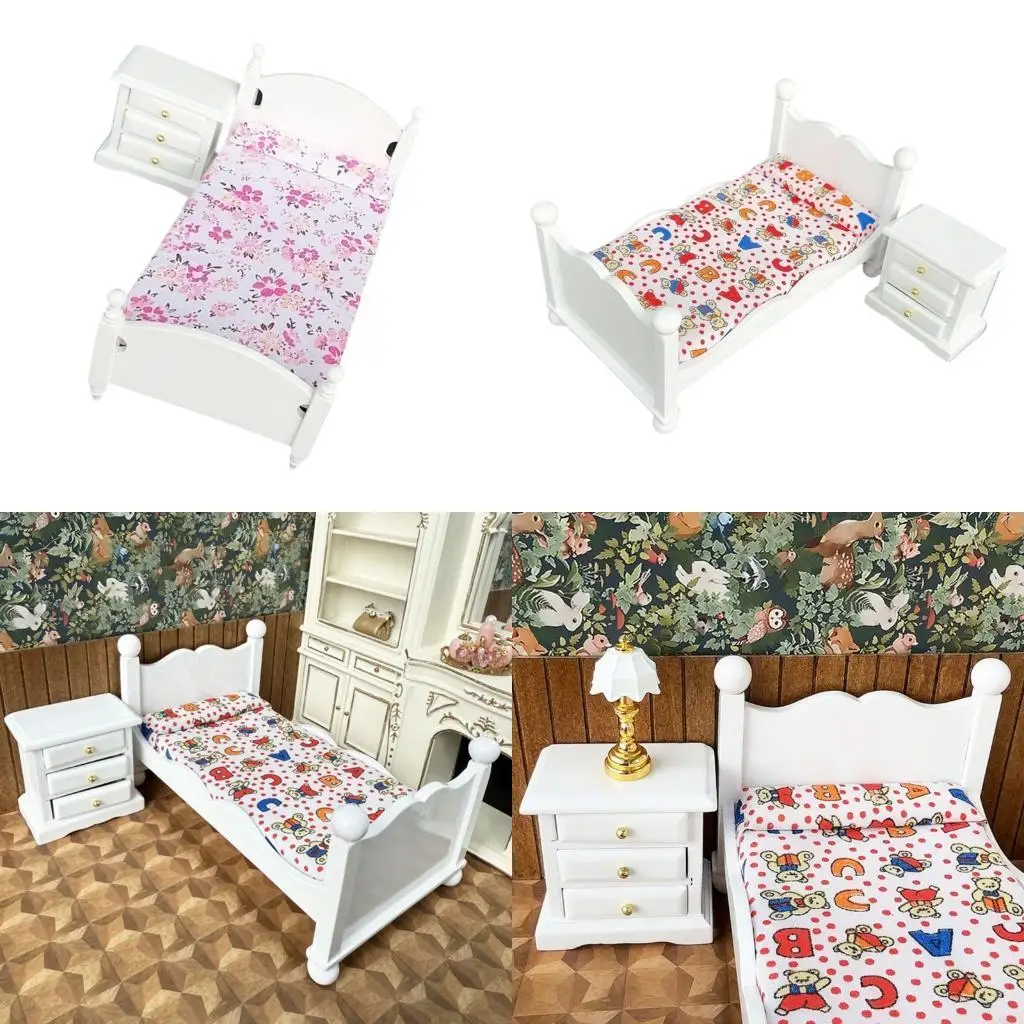 

Realistic Doll Bedroom Set Wooden Bed With Bedding and Nightstand Scene Setting