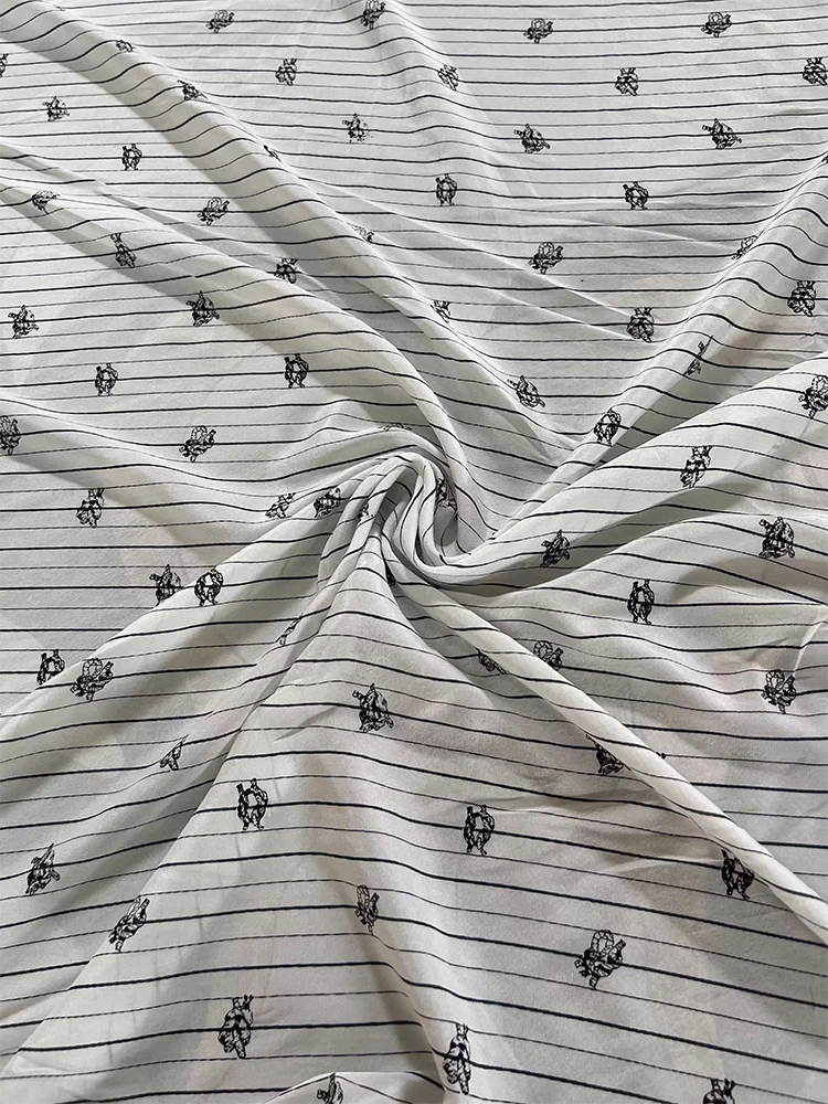 

1 meter 100% Mulberry Silk 15 momme Crepe Silk Fabric White Striped Floral Printed 140cm 55" wide by the yard XX417