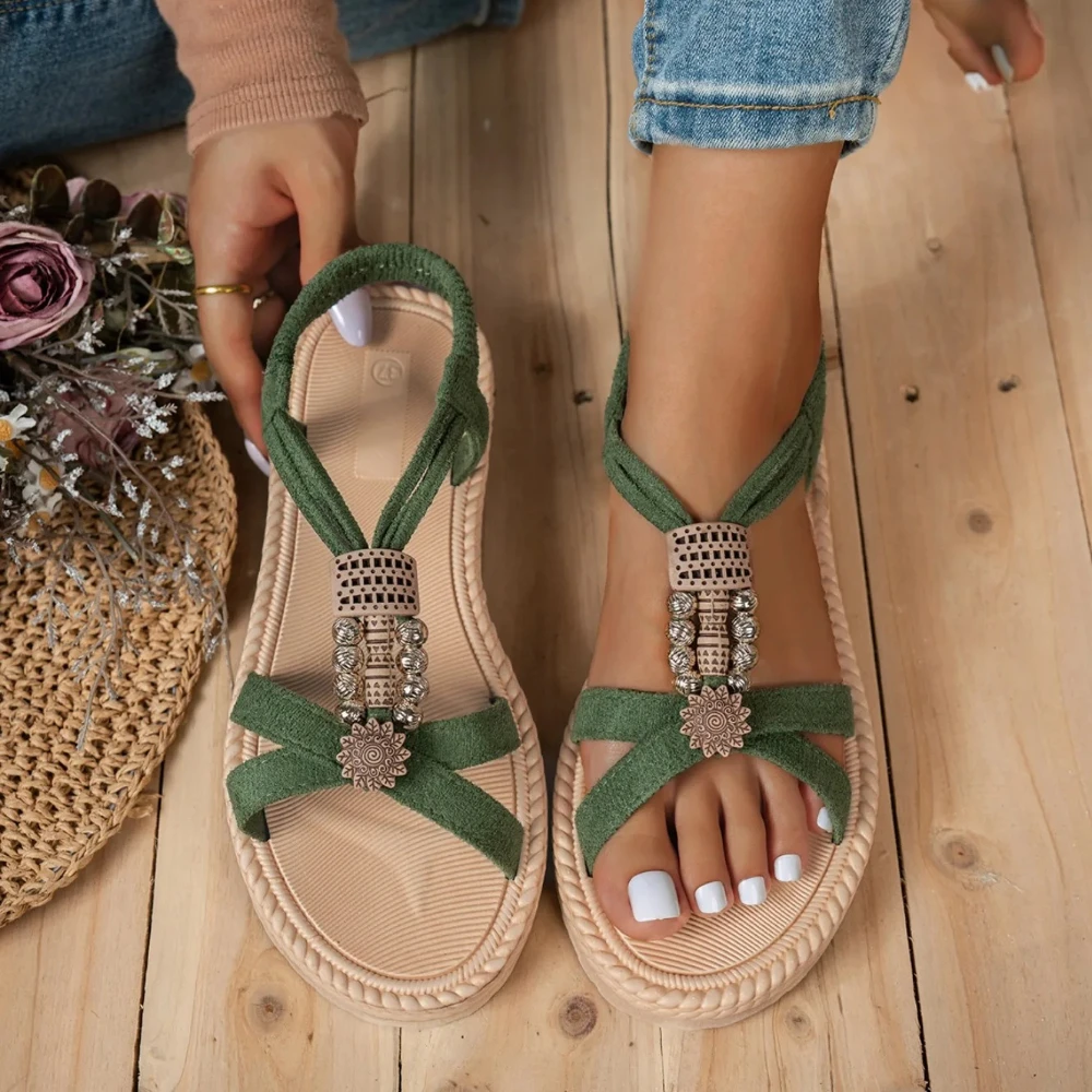 Women Sandals Bohemian Style Flat Sandals Women Fine Strap Beaded Elastic Band Casual Women Shoes Comfortable Roman Style Shoes