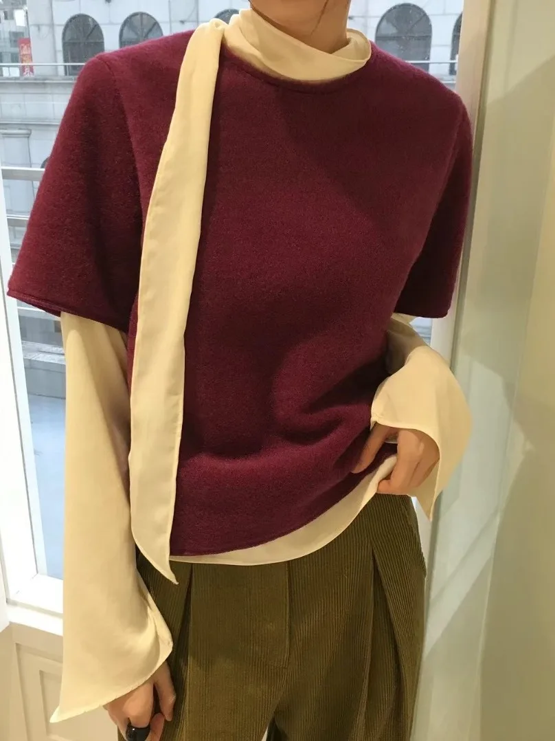 

Chic Long Sve Woolen irt with Sa + Versatile Layered ort Sve Set Autumn Winter Design Women's Faion