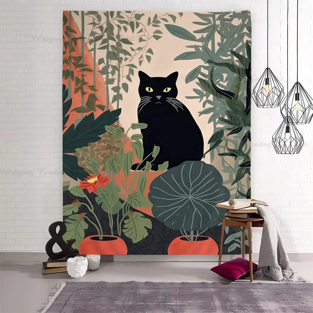 Abstrato plantas verdes gato preto diy tapeçaria de parede pendurado tarô hippie tapetes de parede dormitório ins decoração de casa