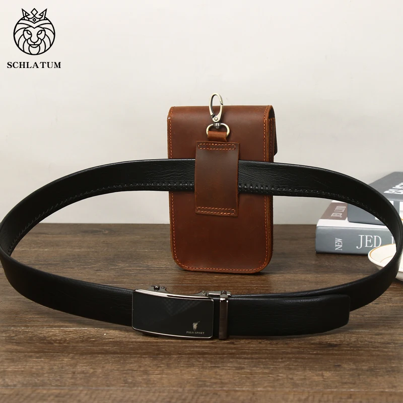 SCHLATUM-Ceinture en cuir de cheval pour homme, sacs de taille décontractés vintage, téléphone portable, banane, élan, poudres, 7 pouces