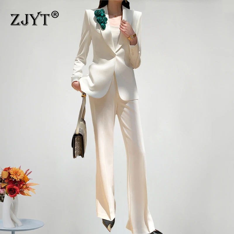 

ZJYT 3D Floral Blazer Suits Pant 2 Piece Matching Sets Women Conjunto Para Mujeres Office Lady Formal Trousers Sets White Outfit