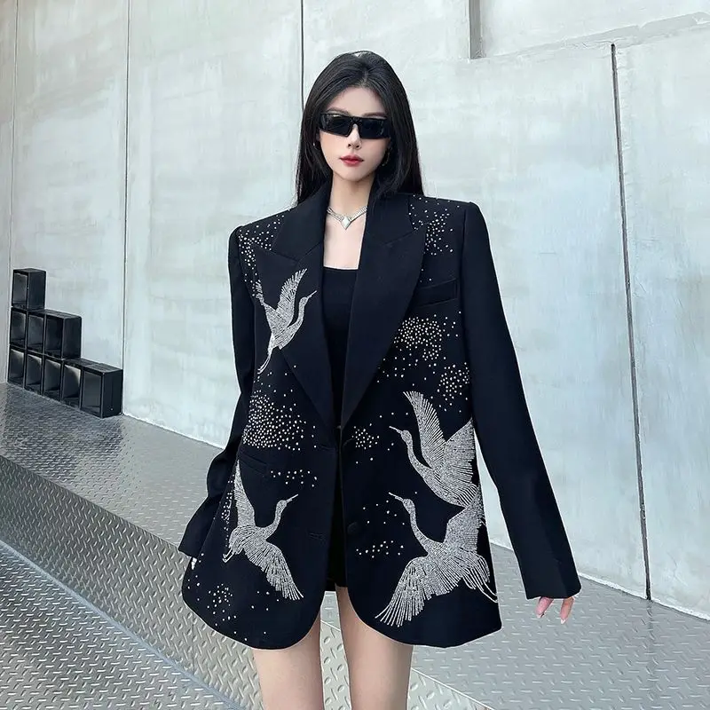 Insozkdg Black High end Hot Diamond Suit Jacket for Women Spring New Luxury Loose Casual Shoulder Padded Suit Blazers Women Top