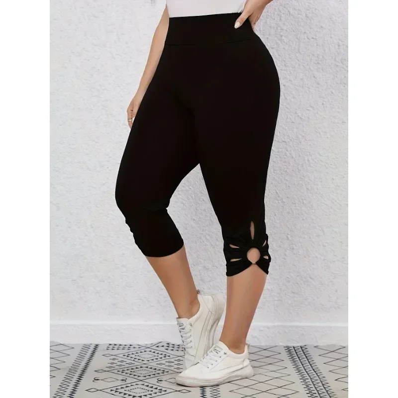 Summer Plus Size S-8XL Women\'s High Waisted and High Elastic Tight Pants Hollow Out Solid Color Elegant Yoga Pants Cropped Pants