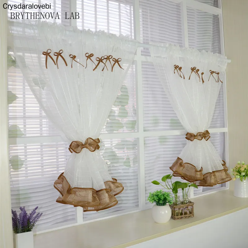 2pcs Short Tulle Curtain with Ties Pastoral Curtains Kitchen Small Sheer Drapes for Cabinet/balcony/window